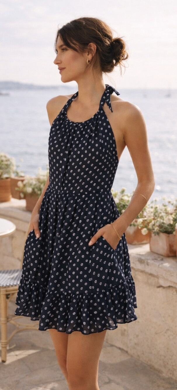 Prose & Poetry Navy Polka Dot Halter Dress Open Back Ruffle XS
